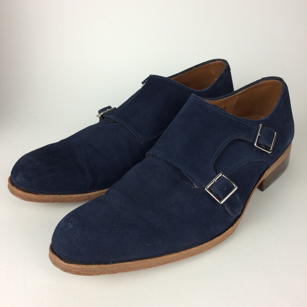 John Fluevog Monk Strap‎ Shoes Mens 7.5 Blue Suede Twin Turbine Buckle Close